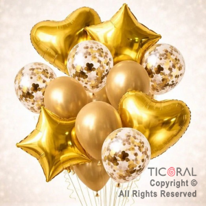SET DE GLOBOS METALIZADOS ESTRELLA CORAZON CONFETI Y LATEX ORO x 14 UNIDADES